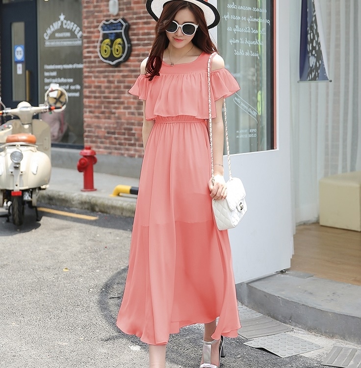 1603. シフォンロングワンピース（オレンジ） 2019 春夏 sale お呼ばれ 通学 デート パーティー お出かけ レストラン 女子会 カフェ リゾート