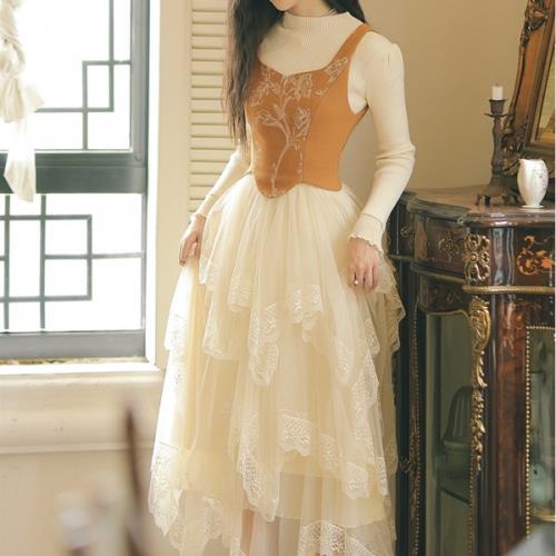 2点購入で200円割引利用可能なポイント セットアップ スリーピース ワンピース ベスト スカート 3点セット 無地 花柄 ラウンドネック 春 秋 長袖 ロング丈 ミモレ丈 おしゃれ 可愛い オルチャ