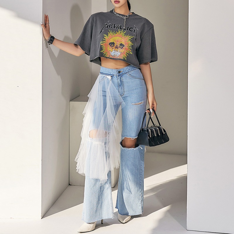 DINT_PJ450 メッシュ ダメージ セミ ワイド ジーンズ(メッシュ取り外し可能)*Lサイズ製作*