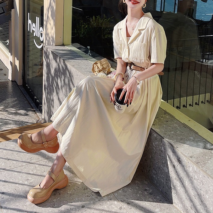 個性的 春服 夏服 秋服 大人上品 襟付き ベルト付 レディース ワンピース マキシ丈 袖あり 半袖 襟付き ベルト ウエストマーク インスタ映え モテ 流行 トレンド オフホワイト S M
