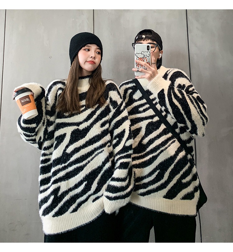 【送料無料】レディース ユニセックス ペア ハイネック ゼブラ柄 プルオーバー ニット