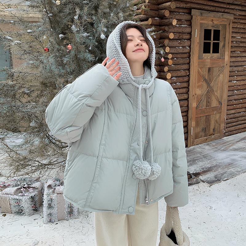 韓国ファッション 甘めニット連帽ダウンジャケット2024新小柄ゆったり厚手ホワイトダックショートブレッド