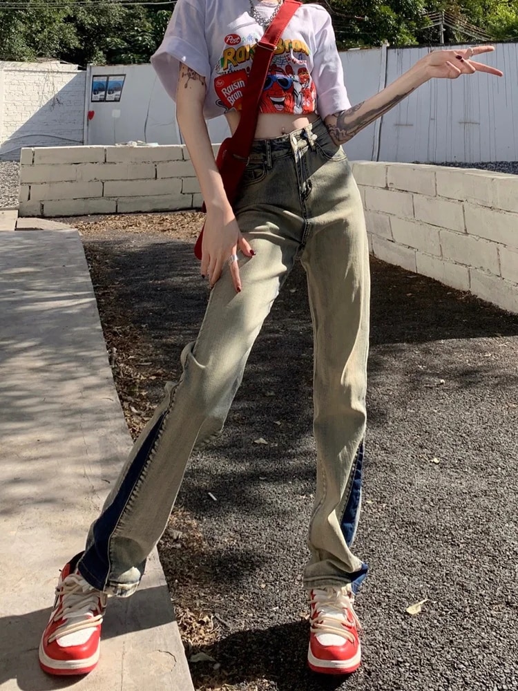 ハイストリートアメリカンハイウエストジーンズ子供黄色泥染め弾l性衝突デザインセンスストレートパンツスキニー