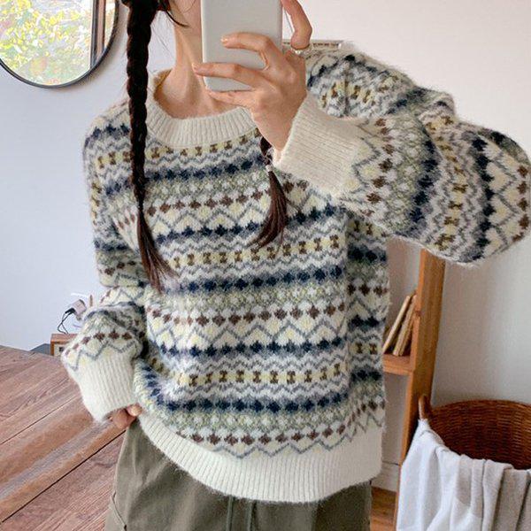 Hスタイル(KN)幾何学ニットティー9337 冬 女性 ニットティー ラウンド セーター スパン 基本 Tシャツ