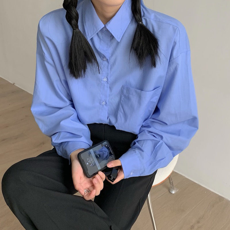 韓国風 シンプル ゆったり ブルー長袖シャツ レディース エレガント インナー トップス983