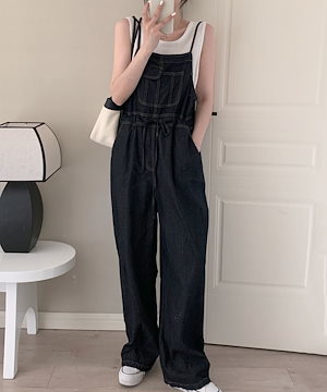 Qoo10 DAY CLOSET オーバーオール デニム 黒 薄手 無地
