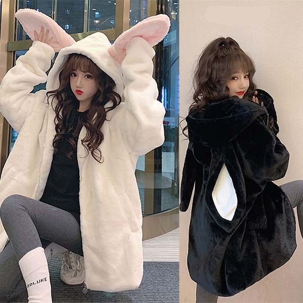 コート うさぎ 大きいサイズ コート ペアルック うさ耳 コート うさみみパーカー 兎耳かわいい コートジャケット フーディ 可愛い過ぎ 長袖 秋冬 萌え萌え系 女性 高校生 中学生 入学式 ホワイト