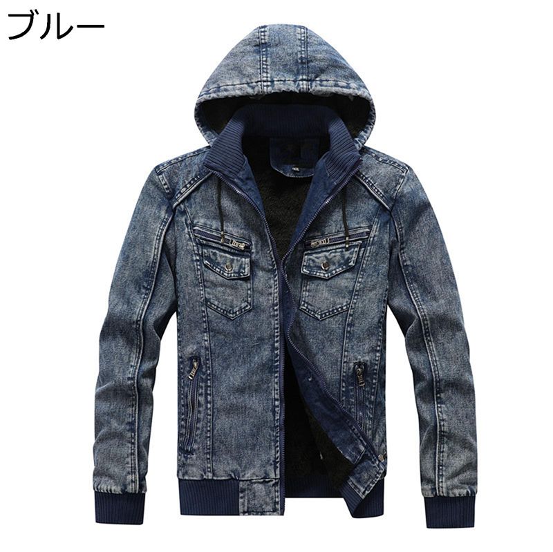 ボアジャケット デニム メンズ Gジャン 長袖 gジャケット リブ袖 フード付 フリースジャケット 秋冬 ボタン 防風 防寒 柔らかい おおきいサイズ ファッション カジュアル ヒップホップ バイク系
