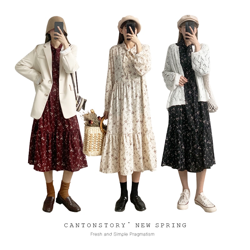 ワンピース フレアワンピース ティアードワンピース ミモレ ミモレ丈 ロング ロング丈 袖あり 長袖 Vネック クルーネック フレア ワイド Aライン シフォン リボン ポリエステル かわいい