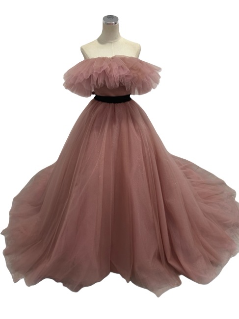 カラードレス ピンク オフショルダー サッシュベルト ソフトチュール 披露宴