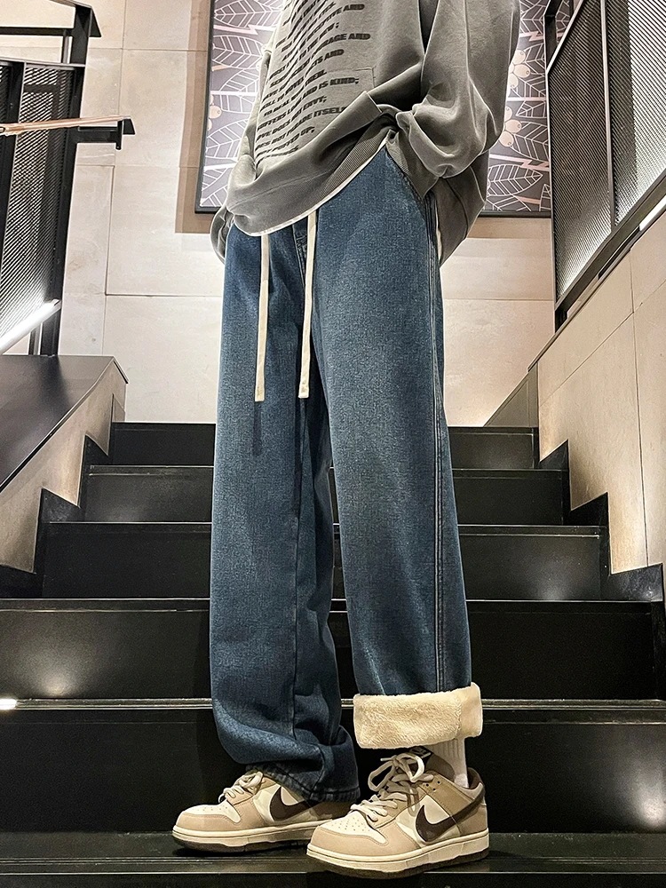 メンズワイドレッグデニムジーンズ ストレートパンツ ウォッシュドコットン レトロブルー 韓国ファッション 冬