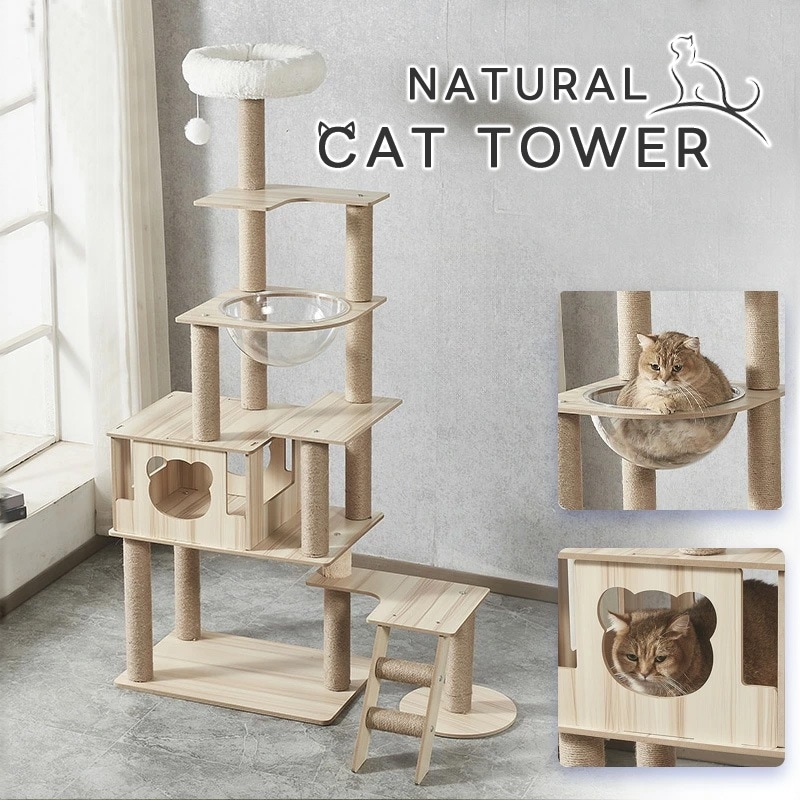 キャットタワー 木製 宇宙船 大型 スリム 猫タワー 据え置き 爪とぎ タワー 多頭飼い 安定 運動不足解消 麻紐 高さ165cm 隠れ家 遊び場 大型猫【DH-28-5】