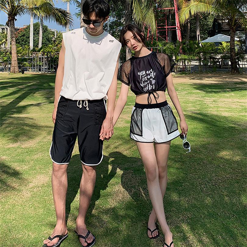 夏ペアルック メンズ 水着セット 柄物 半袖上着 サーフパンツ カップル水着 海パン タンキニ レディース 男女ビーチウェア ショートパンツ