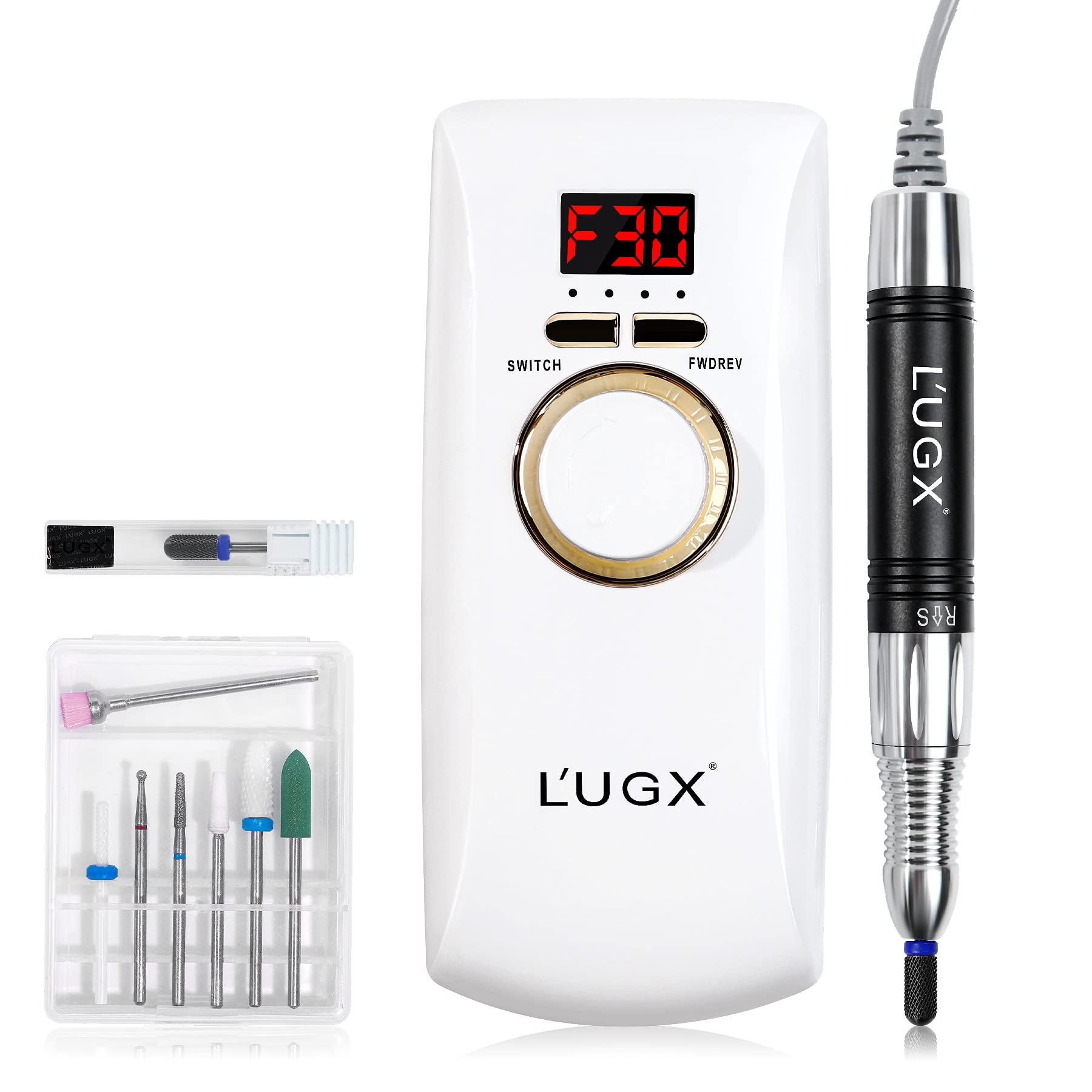 LUGX 電動ネイルマシン 30000RPM プロ ネイルドリル 研磨 爪磨き ネイルマシーン 自宅サロン用 低騒音 低振動 8個のビット (ホワイト)