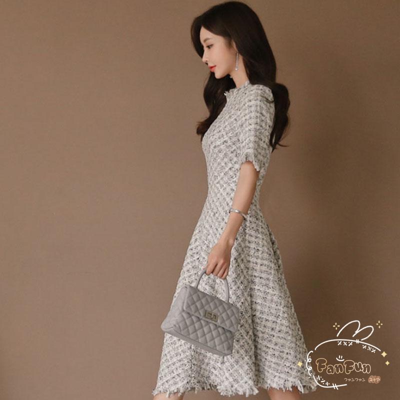 ワンピース 入園式 入学式 結婚式 ツイードワンピース 半袖 フレアワンピース Aライン 上品 パーティードレス 女子会 デート カジュアル