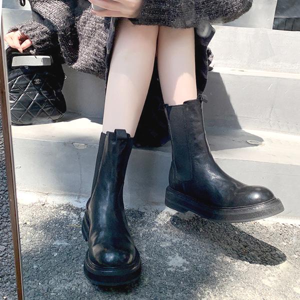 ショートブーツ サイドゴア 厚底 伸縮性 アンクルブーツ ブラック おしゃれ トレンド 上品 カジュアル / サイドゴア厚底ショートブーツ