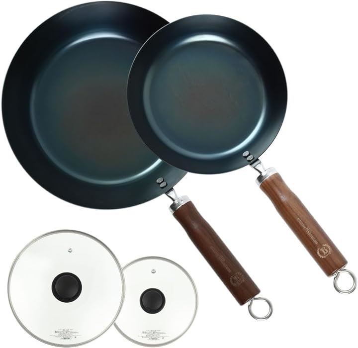 一流シェフが認める 鉄フライパン リストランテ バリック トウキョウ コラボレーション IH対応 軽い シーズニング不要 お手入れ簡単(ウォールナット, 20cm+26cm+フタ2個)