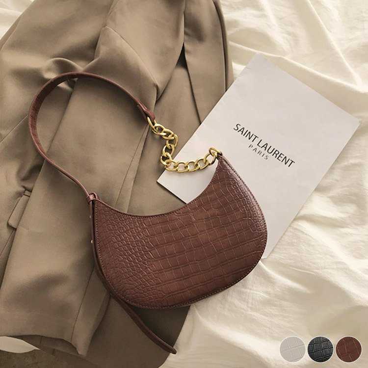 ショルダーバッグ レディース チェーン 斜め掛け クロコダイル ハンドバッグ 三日月型 斜め掛け レトロ 黒 ブラウン 白 韓国ファッション R29 V855
