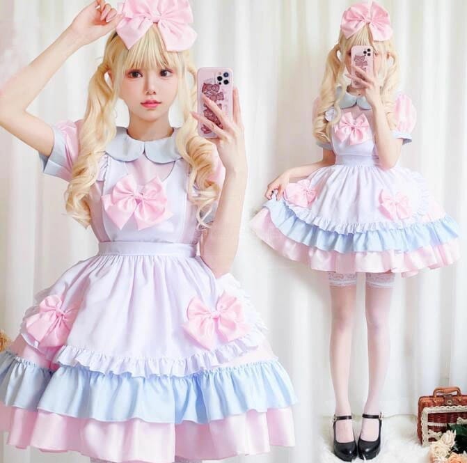 迅速な出荷 メイド服 大人 ロリータ ワンピース lolita メイドコス 膝丈 ショート丈 裾フリル 半袖 ワンピース エプロンドレス リボン カチューシャ有 ボリューム キュートのピンク色 萌え萌