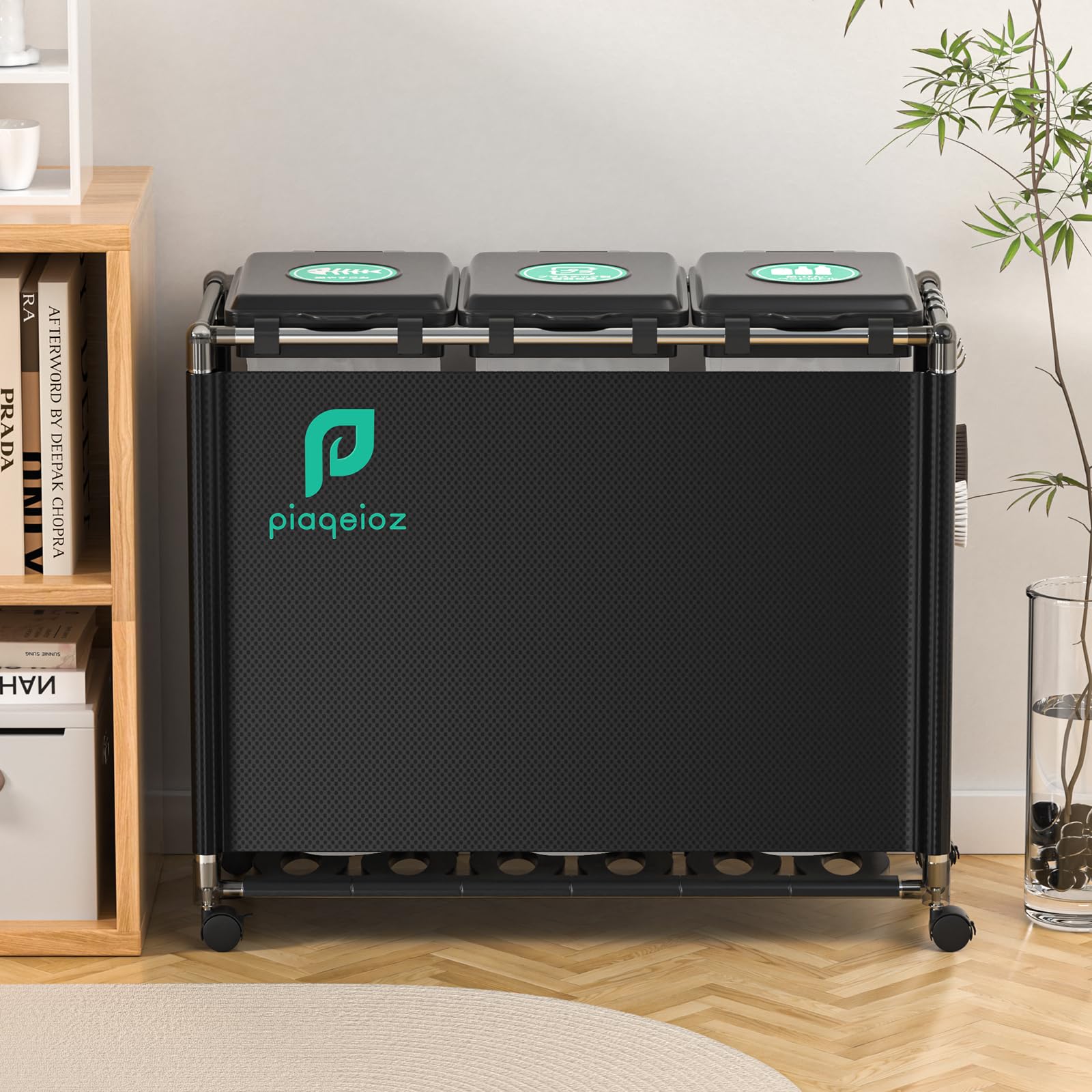 ゴミ袋ホルダー 3分別*30L ゴミ箱 ふた付き レジ袋を隠すゴミ袋スタンド 90L大容量 キャスター付きダストボックス 目隠しダストワゴン ステンレス製 おしゃれ 黒