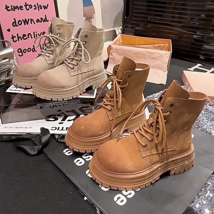 ヌバック本革 2025レター バイクブーツ ルバーブブーツ 二履き プラットフォーム 婦人靴