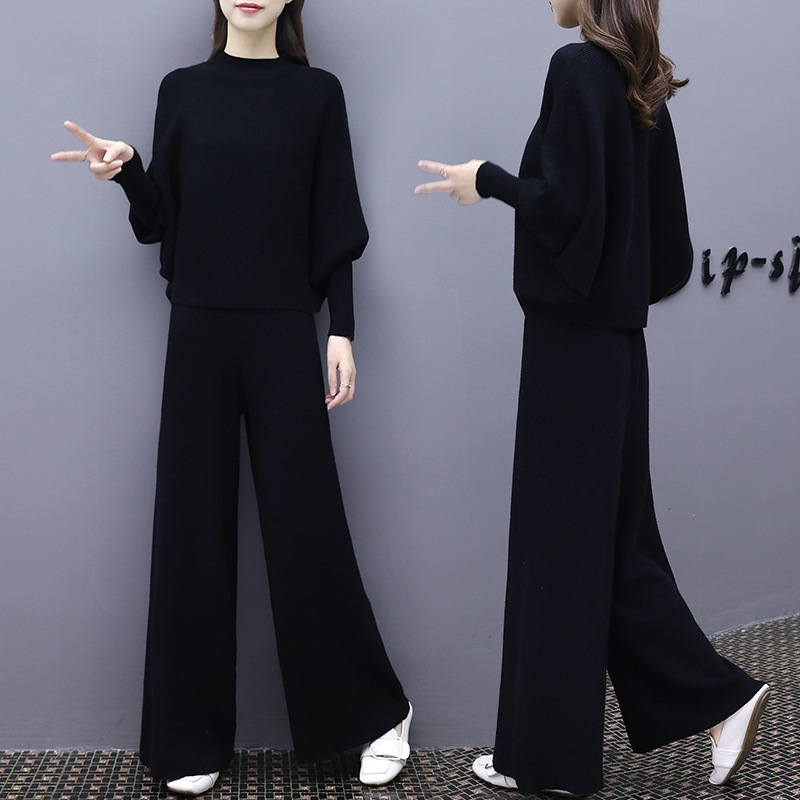 セットアップ ニット パンツ ニットソー プルオーバー パンツ プチハイネック スリット ワイドパンツ 送料無料 シームレス ライン オーバーサイズ メンズライク レディース 長袖 可愛い 無地 春