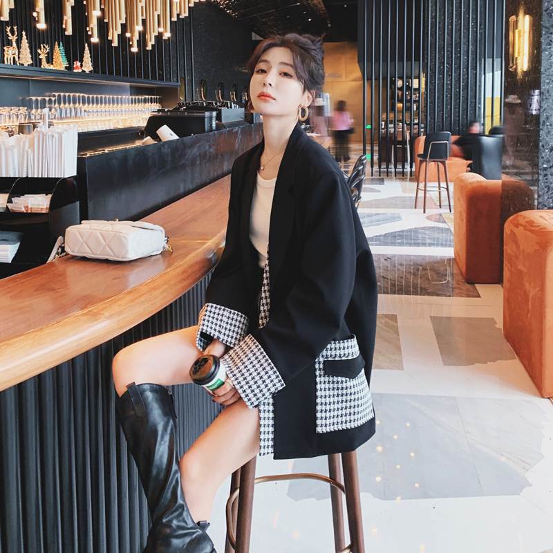 新品掲載！ロングジャケット コート ミディアム丈 レディース バイカラー 黒白 千鳥格子 襟付き アウター 個性的 バイカラー 上着 ボタン ポケット おしゃれ 大人可愛い ブラック 長袖 ミドル丈