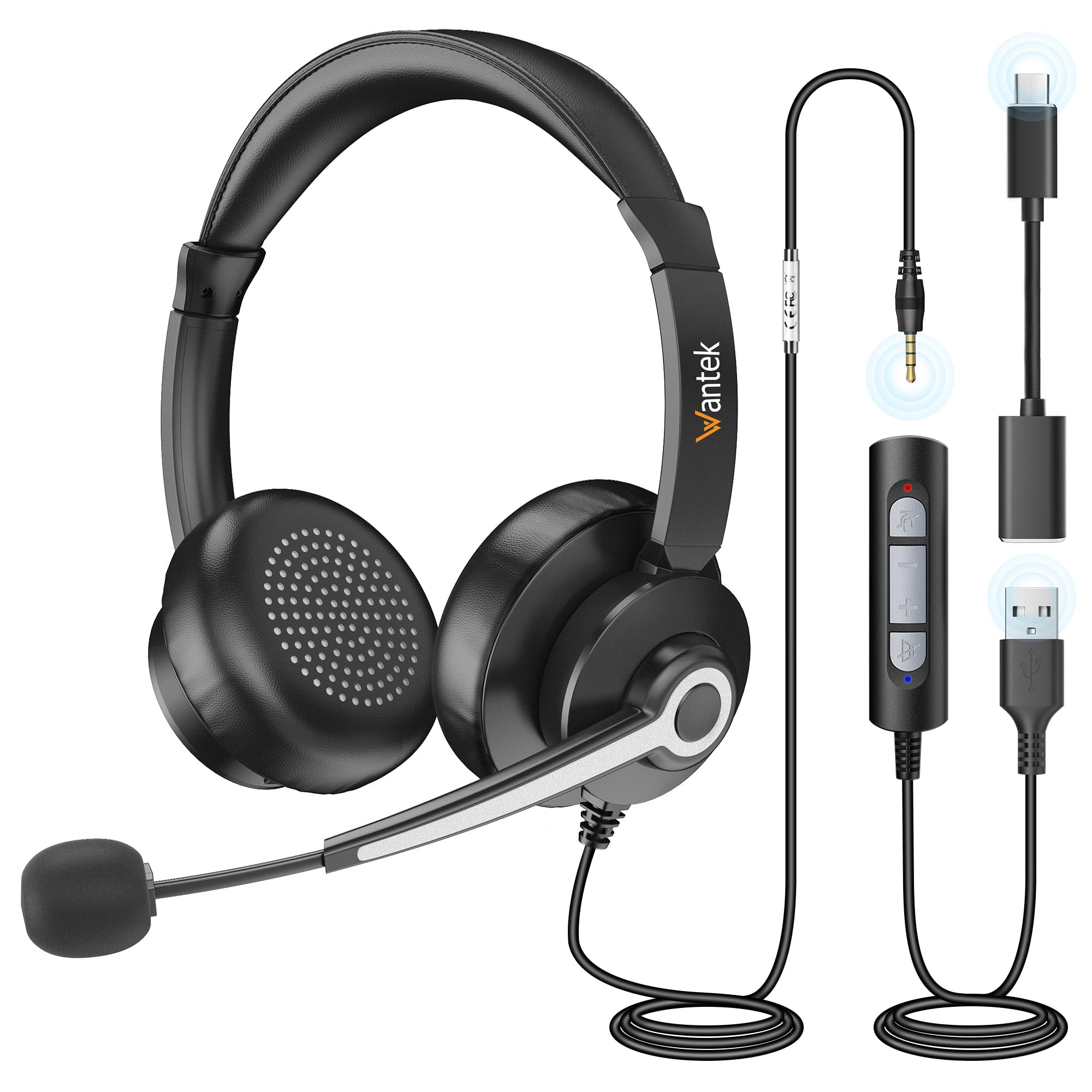 Wantek ヘッドセットUSB/TypeC/3.5mm 両耳 ノイズキャンセリングマイク付き 有線ヘッドセット SkypeWeb会議ボイスチャットリモートワークテレワーク在宅勤務に適用される プロ