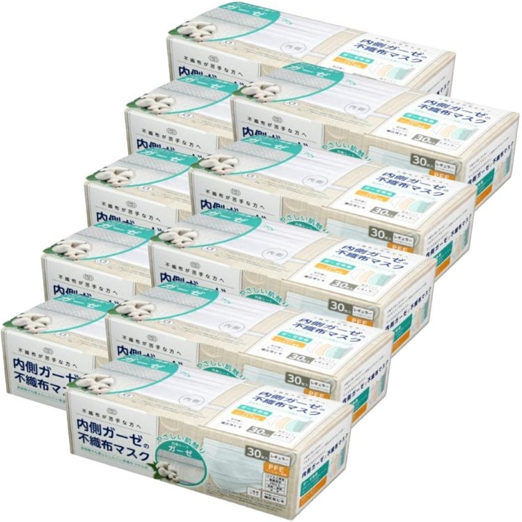 10箱セット ガーゼマスク 不織布 マスク 30枚 ふつう 内側ガーゼ 肌荒れ 敏感肌 ニキビ 低刺激 耳が痛くなりにくい 息がしやすい 平ゴム 幅広ゴム 大人用 コットン 使い捨て 立体 3d 立体