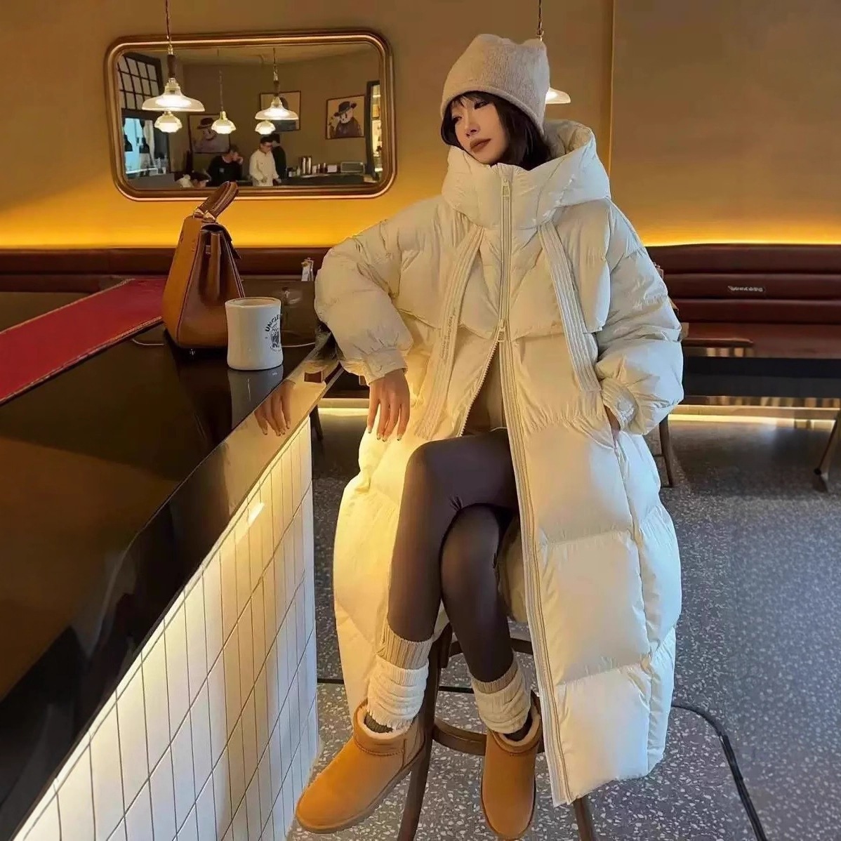 韓国風ゆったり厚みのある暖かいダックダウンリボン2025ダウンジャケットレディースロング膝上ジャケット