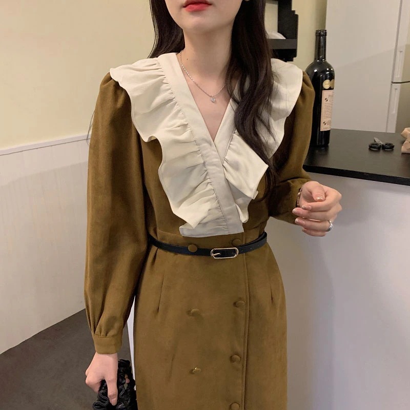 韓国デザイン着痩せVネックフリル長袖ワンピース