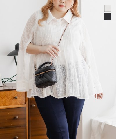 大きいサイズ レディース LL 3L 4L XL XXL XXXL CLETTEオリジナルボタンスリーブレースフレアシャツ