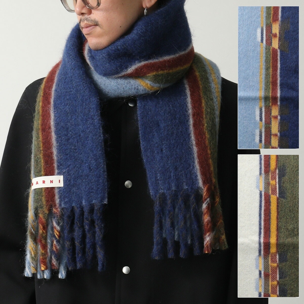 MARNI マルニ マフラー SCZC0076Y0 UAW051 メンズ ストライプ ウール モヘア アルパカ ストール フリンジ ロゴラベル カラー2色