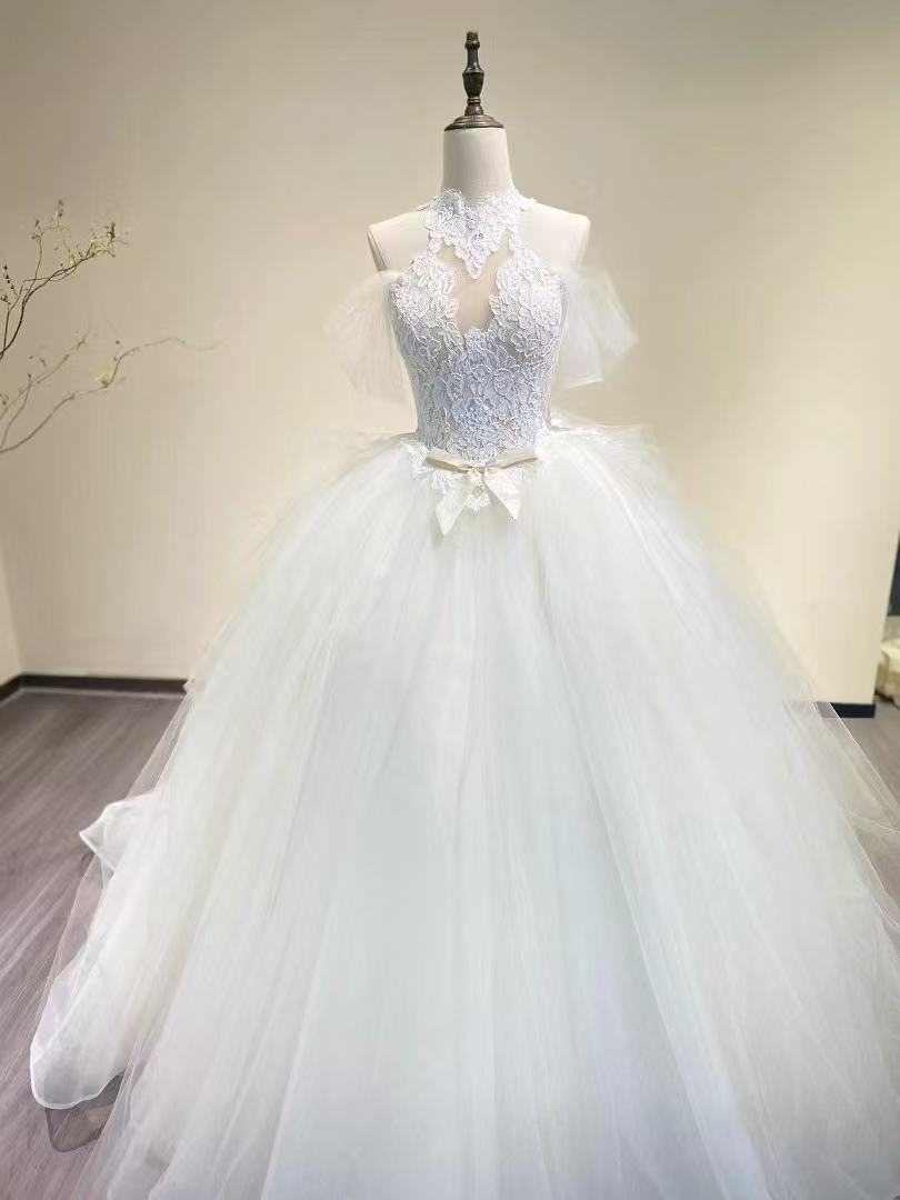 ウェディングドレス ホルターネック オフショルダー プリンセスライン 美しい花レース 結婚式