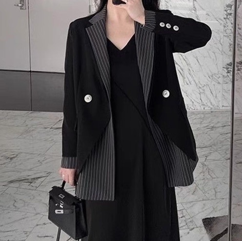 レディース ジャケット 長袖 Vネック 襟付き アシンメトリー フェミニン ストリート 前開き 切り替えデザイン バイカラー 配色 ドッキング おしゃれ かっこいい こなれ感 ラフ メンズライク