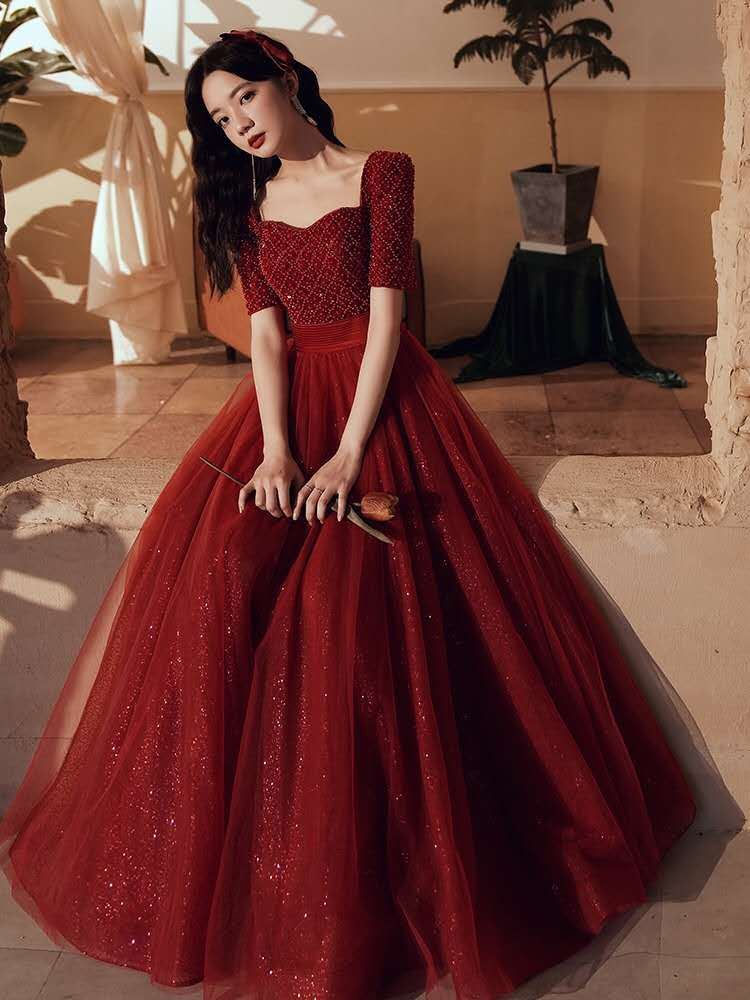 ワンピース ドレストースト新婦気質イブニングスカート女性宴会ワインレッドエンゲージメントスカートウエ