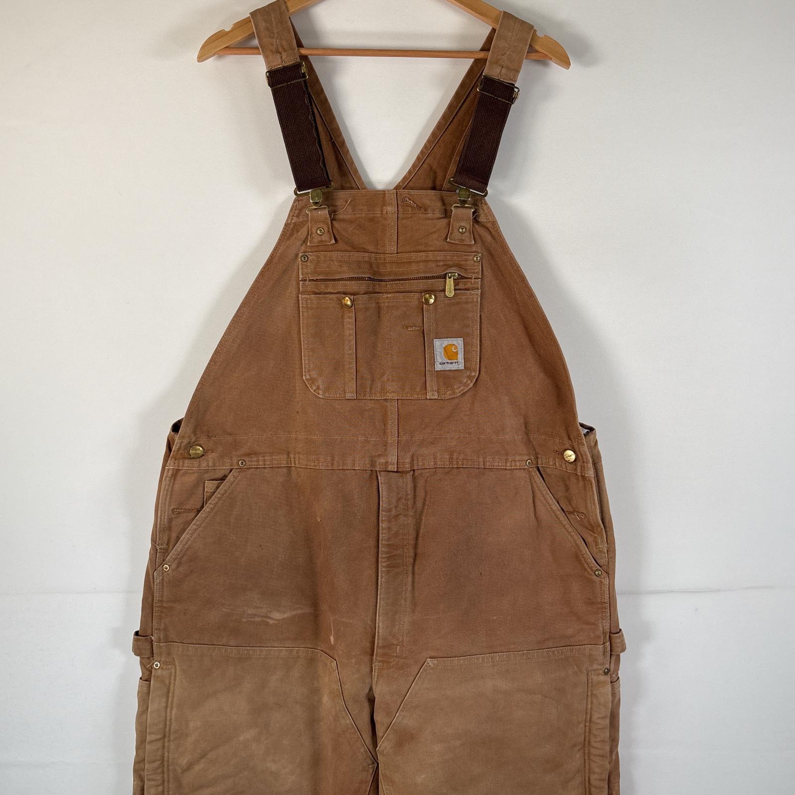 古着 オーバーオール ダック ワンポイントロゴ 大きいサイズ ダブルニー キルティングライナー ワーク 46x32 ブラウン系 メンズ 8,030円