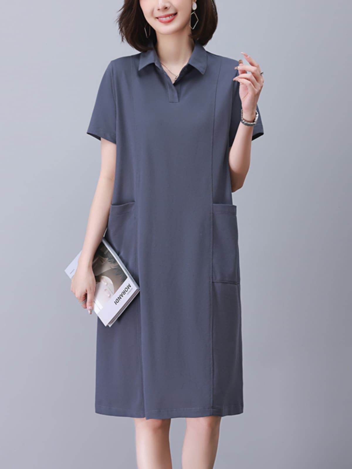 カジュアルストレートポロドレス2024新しいママスタイルラペル半袖スカートレディース夏ミドル丈スタイル