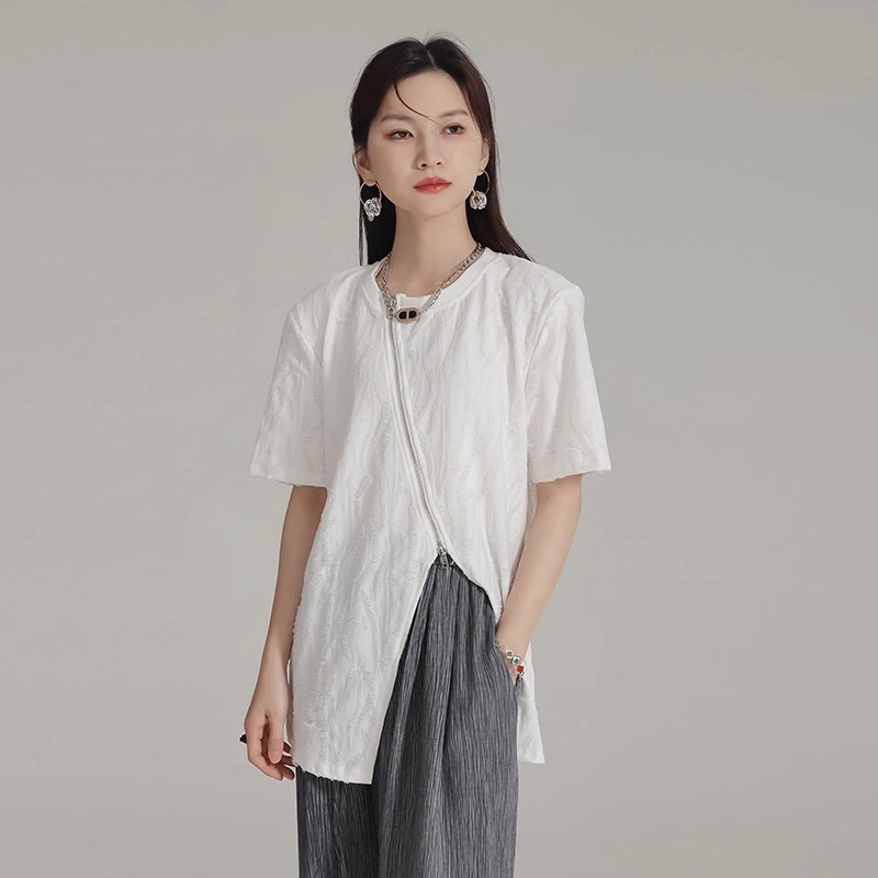 【J.Fashion】 2024夏新品 ファスナー デザイン Tシャツ スリット 波柄 ブラウス 関連商品は店で購入可能30%までに制限