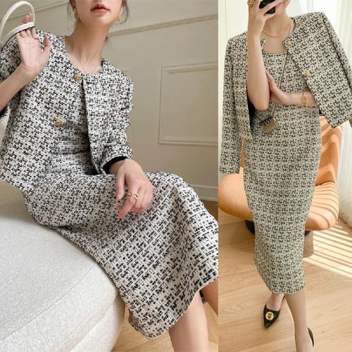 ツイード ワンピース セットアップ ジャケット タイト 韓国 入学式 卒業式 入園式 卒園式 ノースリーブ 長袖 ロング レディース 2点セット ツーピース チェック柄 ノーカラー