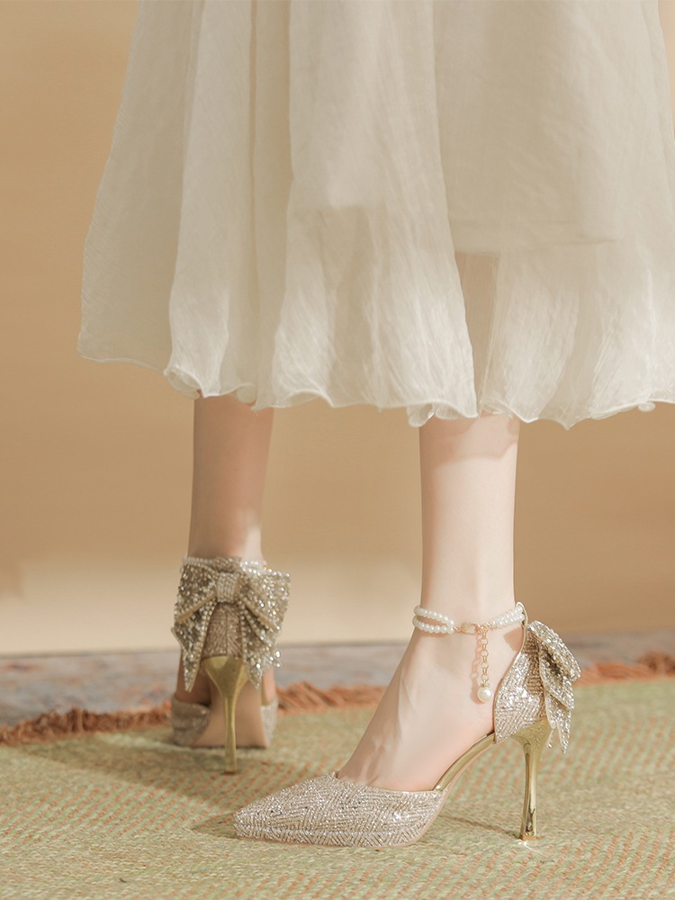 中空ハイヒール女性真珠脚輪リボン防水台水晶婚靴細ヒール尖った18歳大人ドレス 4,766円