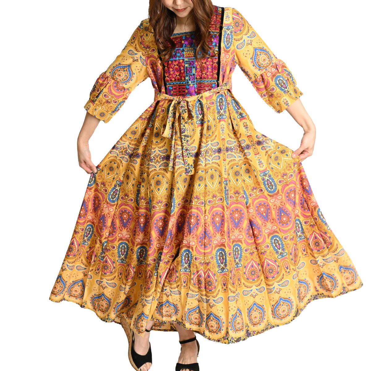 ワンピース 春 夏 レディース 半袖 6分袖 ロング マキシ丈 ワンピ レトロ 柄 総柄 ペイズリー ロングワンピース マキシワンピース 半袖ワンピース 柄ワンピース 総柄ワンピース フレアワンピース