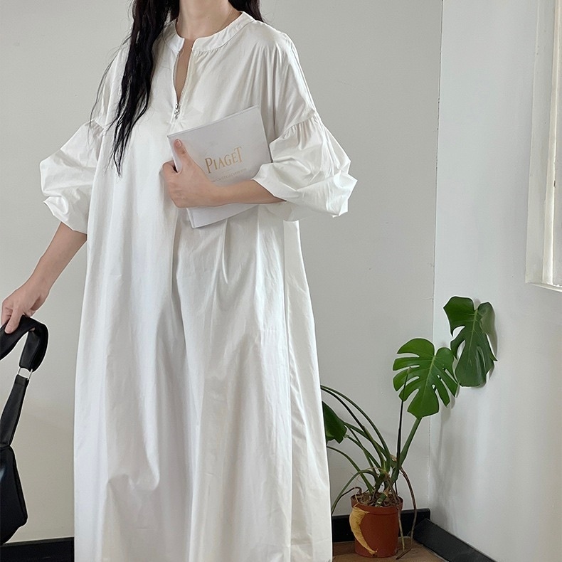 レディース ワンピース フレア ロング マキシ 長袖 ボリューム袖 バルーン袖 ラウンドネック Aライン オーバーサイズ フェミニン ストリート ファスナー かわいい 大人可愛い きれいめ シンプル 4,658円