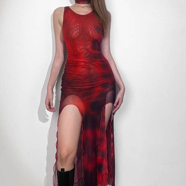 ドレス ワンピース パーティー ステージ 舞台 ダンス 衣装 コスチューム 演劇 ロング 袖なし ノースリーブ ラウンドネック 襟なし スリム 細身 スリット 透け感 シースルー サイドスリット 薄手