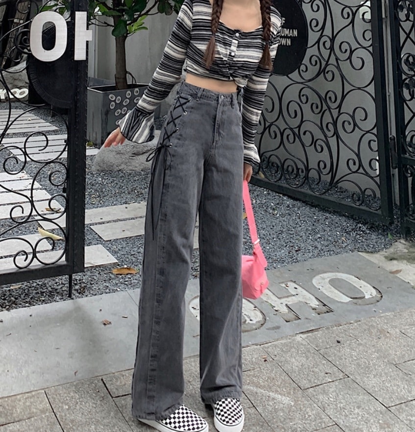 ボトムス デート モテアイテム デニム レースアップ ハイウエスト 綿 デニム 可愛い きれいめ 上品 おしゃれ かっこいい 可愛い ラブリー キュート ガーリー クール モード系 セクシー