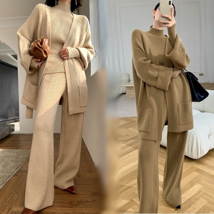 トップス ボトムス セットアップ ニットソー プルオーバー カーディガン パンツ ズボン ワイドパンツ ハイネック 長袖 ウエストマーク ウエストリボン ポケット リブニット 伸縮性 ニット
