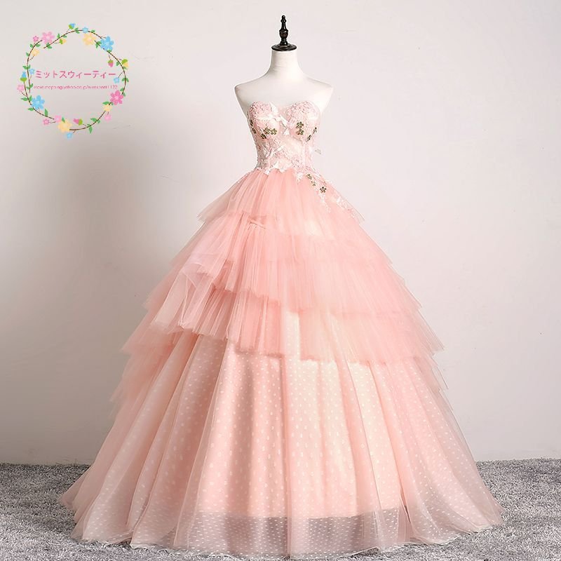 カラードレス ロングドレス 演奏会 発表会 ピンク プリンセスラインドレス ビスチェ コンサート ウ