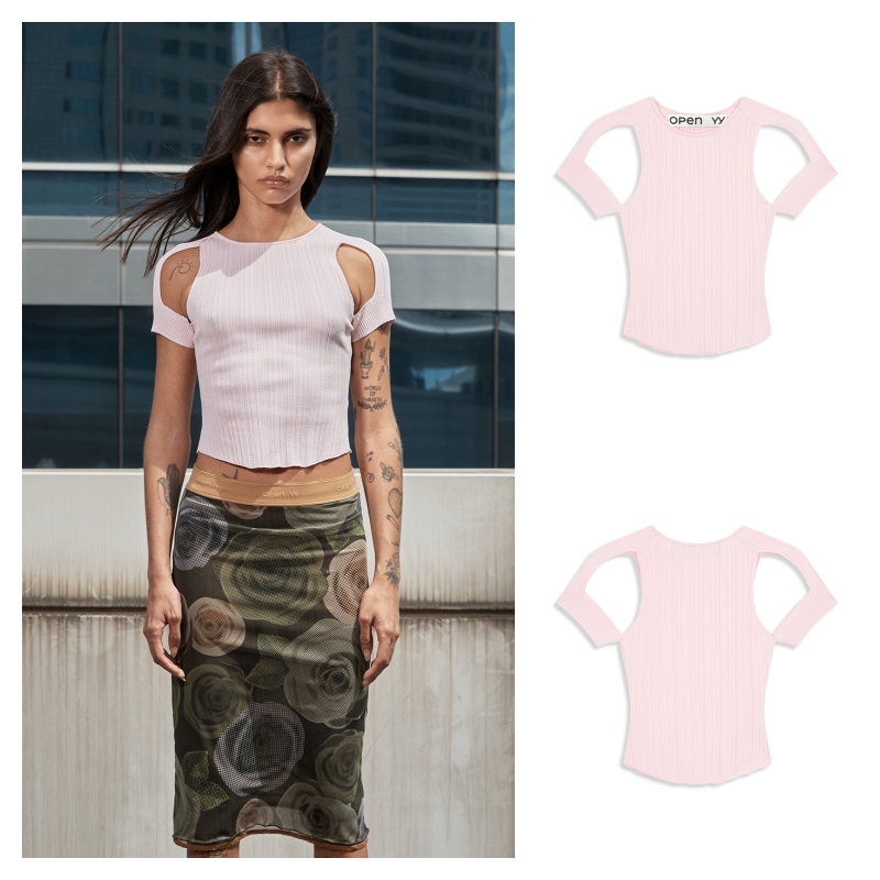 【OPEN Yy】 PLEATED CUT-OUT KNIT TOP : PINK