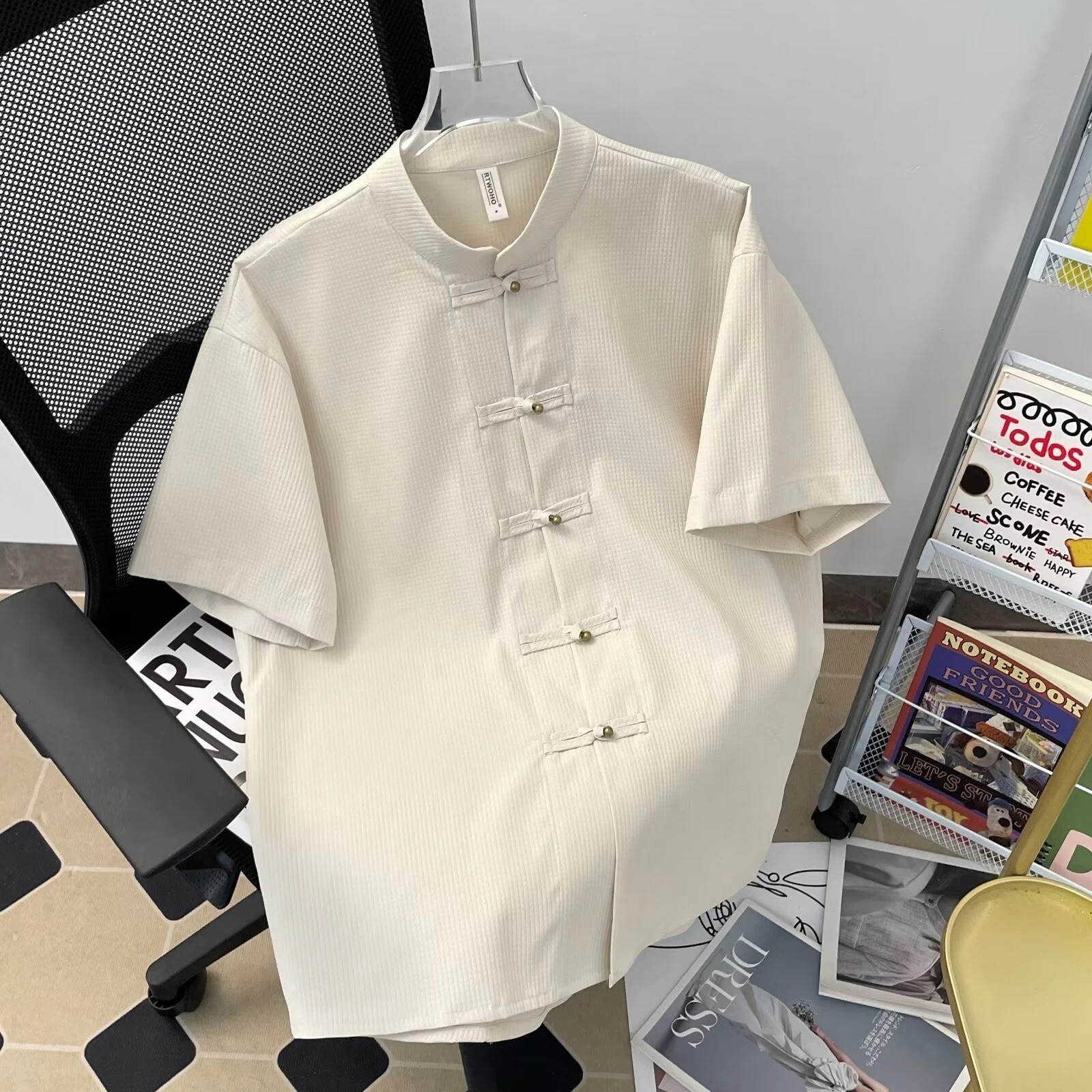 男性用夏中国風シャツスーツ新中国風レトロスタンドカラー半袖バックル唐スーツ禅スーツ中国チュニックスーツ