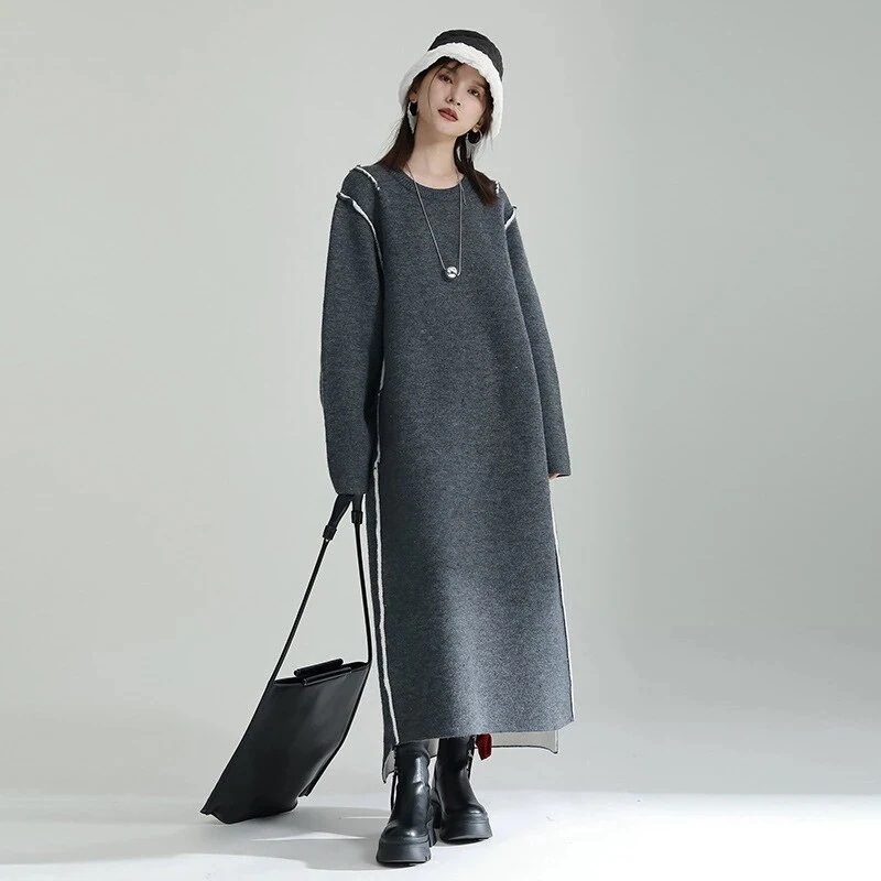2024人気新作ブランドクルーネックニットワンピース冬ロングレディースセーター韓国ファッション秋服ゆったり着痩せ効果 母の日
